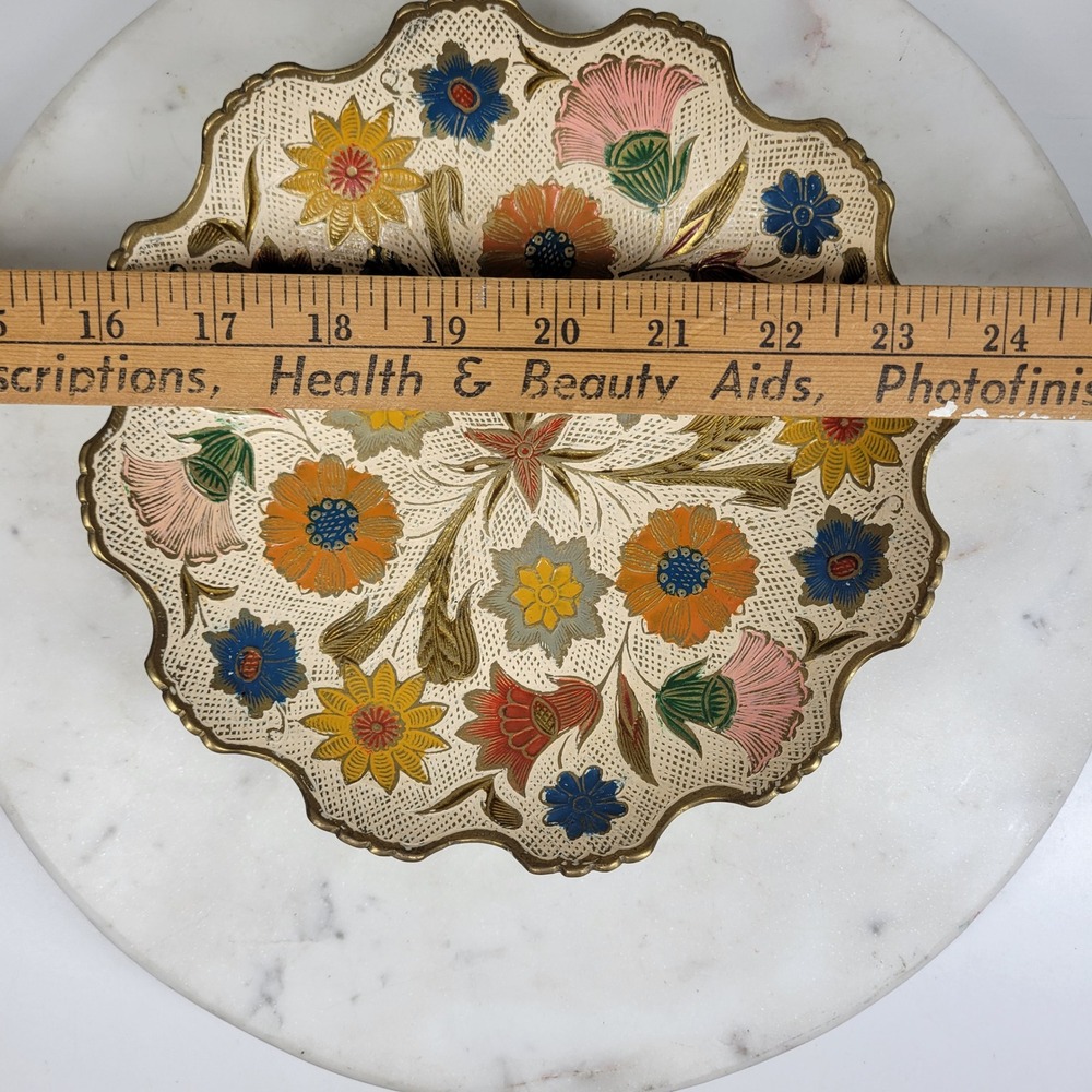 Hand Painted Brass Pedestal Bowl Trinket Floral Catch All Scalloped Rim Vintage - Picture 13 of 16